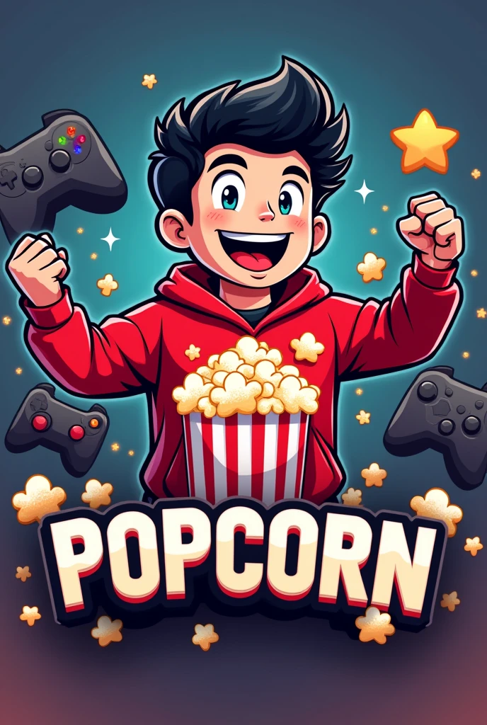 Create a mascot logo where the mascot is a gamer man with black hair and a red and white sweatshirt with a popcorn design and underneath it has the letters of "popcorn"