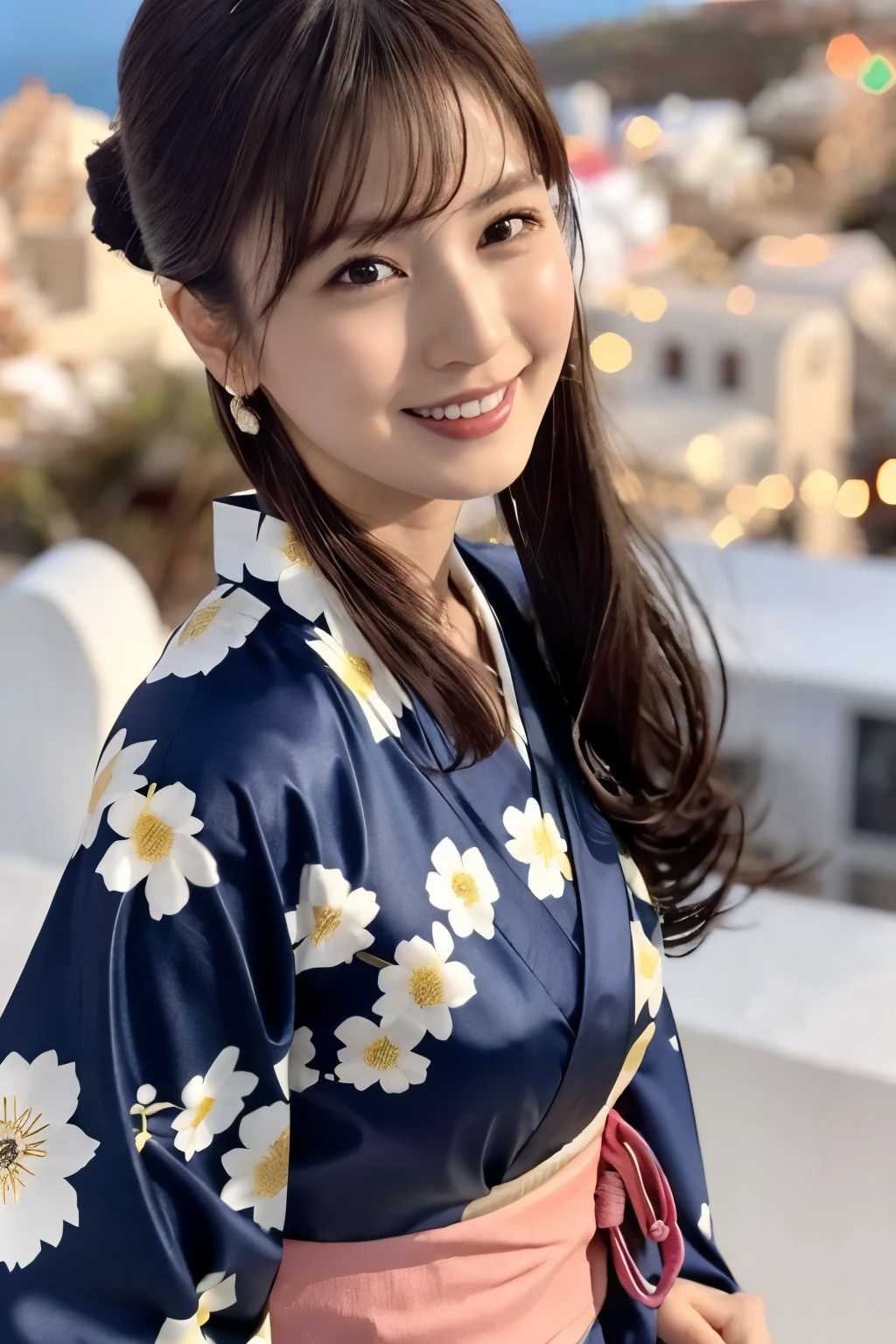 1 person, (Wearing a kimono with a pink floral pattern.:1.2), Very beautiful Japanese idol portraits, 
(RAW Photos, Highest quality), (Realistic, Realistic:1.4), (masterpiece), 
Very delicate and beautiful, Very detailed, 2k wallpaper, wonderful, finely, Very detailed CG Unity 8K 壁紙, Very detailed, High resolution, Soft Light, 
Beautiful details, Very detailed目と顔, Beautiful and sophisticated nose, finelyて美しい目, Cinema Lighting, 
(Commemorative photo on Santorini Island:1.3), (White Building), (Blue sky), (Church bells), (Aegean Sea),
(Japanese hairstyle), (Tie your hair up in the back:1.3), (bangs),
Complete Anatomy, Slender body, Small breasts, smile