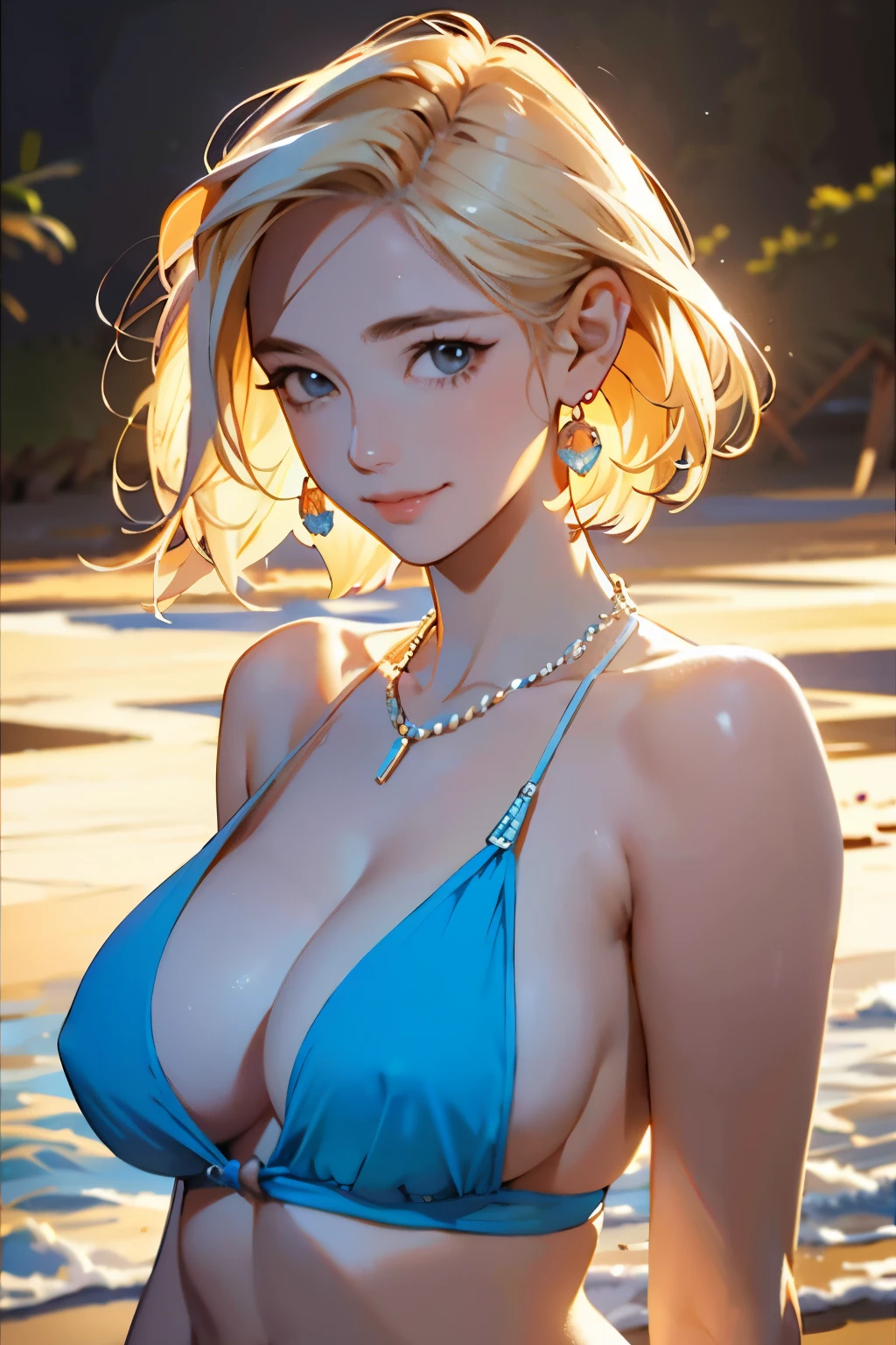 Classical painting, Night desert,Woman in swimwear,Portraiture,smile,比基尼,necklace,Earrings,bracelet, alone，Beautiful Face、Lively Faces、40 years old、Sex appeal in adult women,bionde,bionde,Short Bob,Beautiful hairstyle、 Realistic Skin、Beautiful Skin、Narrow shoulders,charm,whole body,detailed，Realistic，Realistic,Backlight、Soft Light、Swimwear,(Sergeant's Oil Painting)、(Highest quality、masterpiece)、anatomicaly ,Slightly large chest（D cup）,Back view, Character profile, look up, Wide-angle shot, 