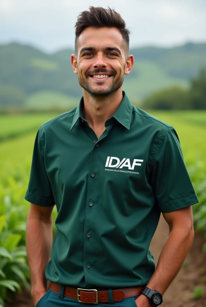 Create the design of a short-sleeved social shirt with the IDAF logo, name Renato Trigueiro and function Agricultural Technician. Only do the shirt with the front part, and take the back part off the man. 
