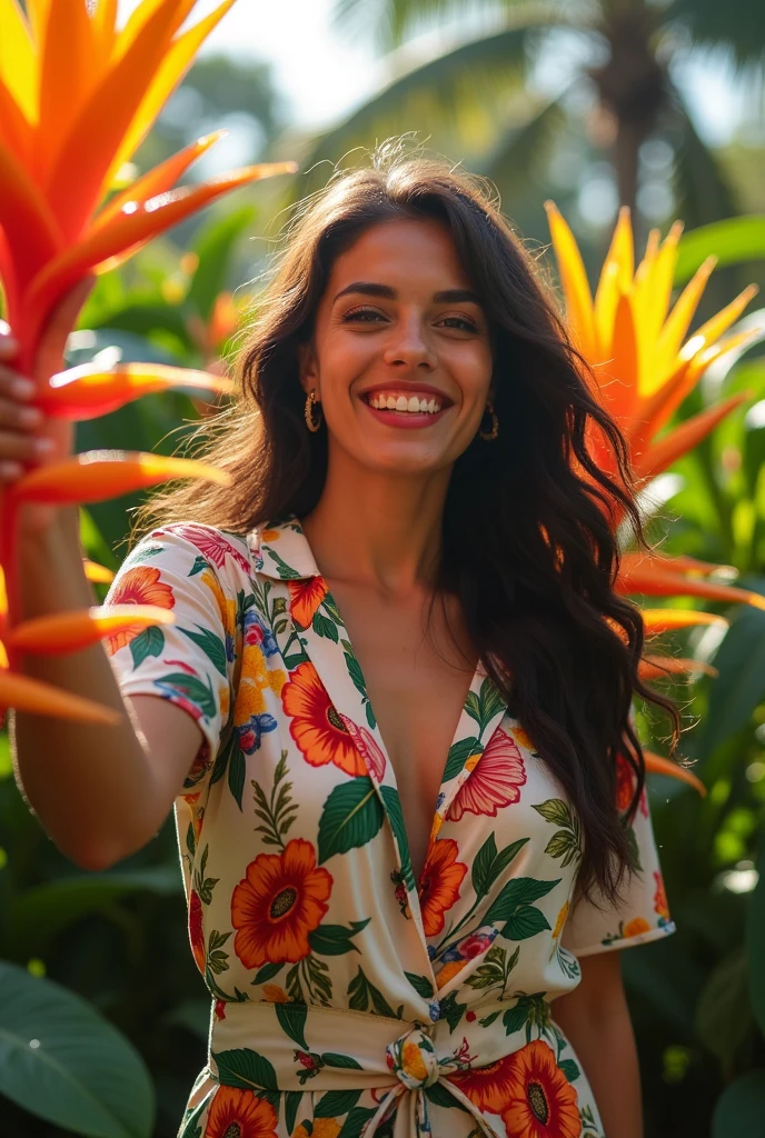 A Brazilian woman in a lush tropical garden, wearing an open shirt with a floral print, with a close-up capturing the harmonious beauty between her breasts and the natural flowers, showing off your natural charm and outgoing personality.