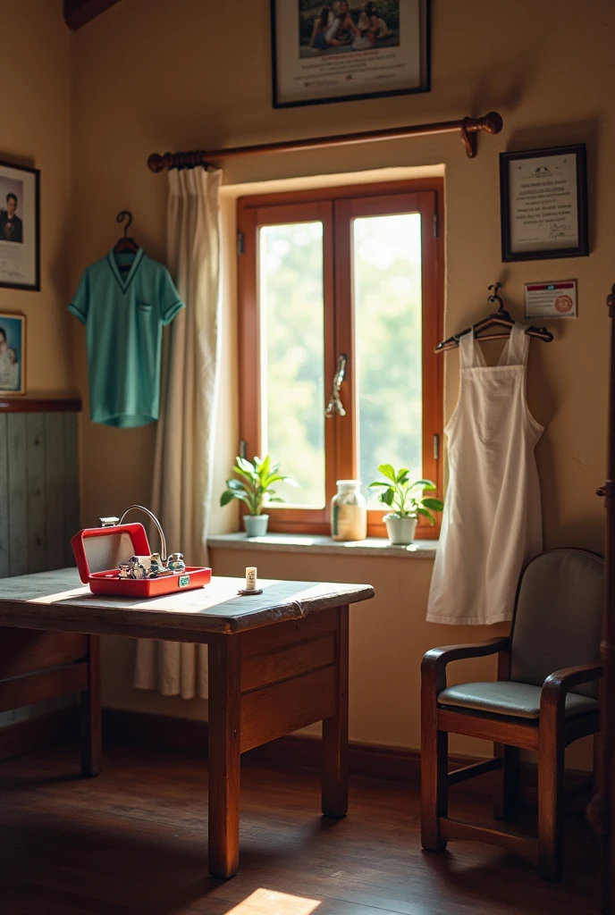 Dr. Sudhir’s Home: A simple, modest home with basic amenities and a small medical kit like stethoscope,apron ,tablet box on the table