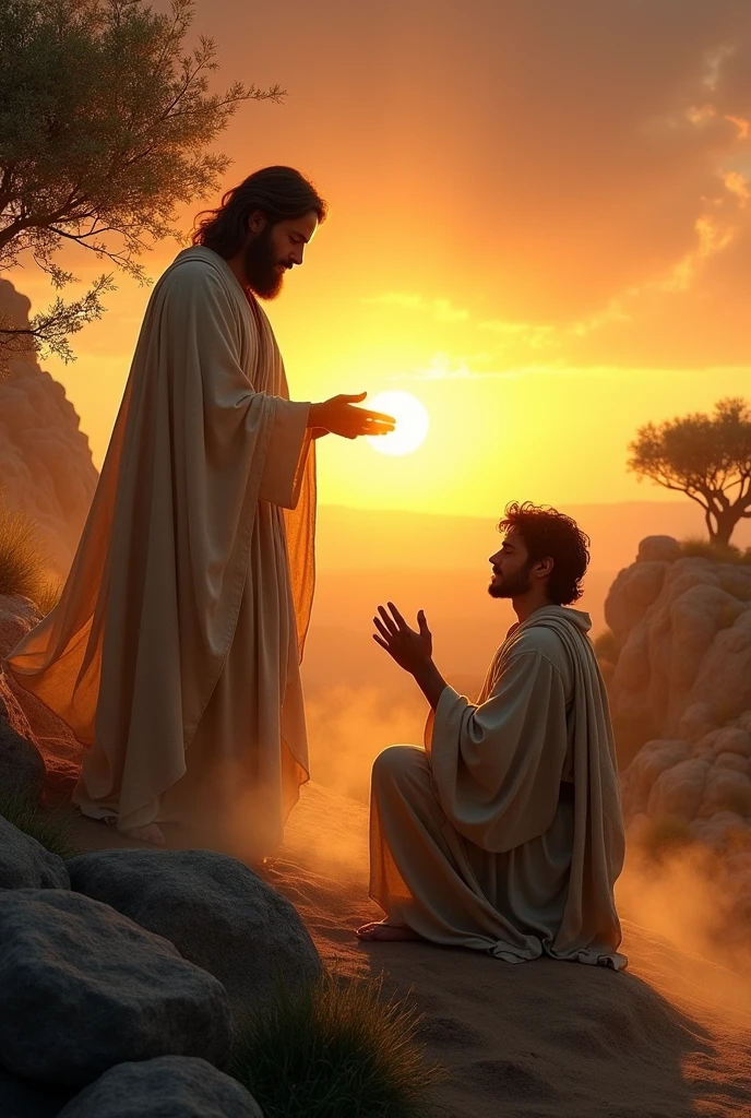 create an image of the moment when the prophet Elijah passes his mantle over Elisha identifying his calling