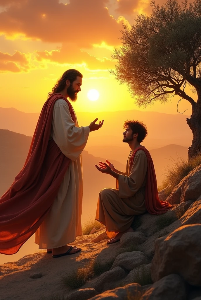 create an image of the moment when the prophet Elijah passes his mantle over Elisha identifying his calling