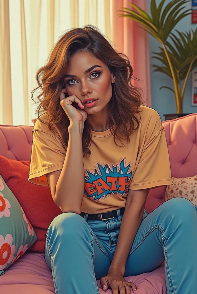 drawing of a woman in a t-shirt and jeans, semi-reclined position facing forward, her face half in profile, her chin resting on her hands, in an 80s style
