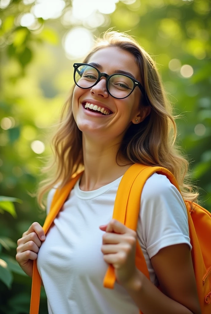 Young Woman with Bright Backpack. Local Tourist. Sunny Summer Day. greenery background. holiday weekend. Woman in Love with Glasses and White T-shirt. Smiling Outdoor Portrait