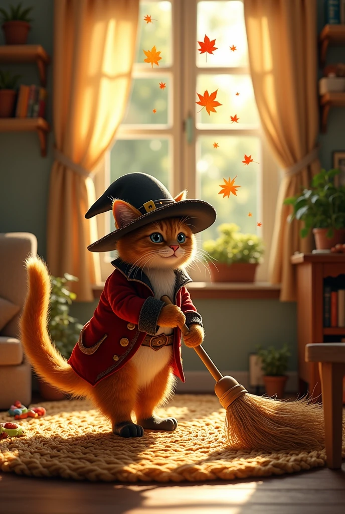 Puss in Boots tidying up by sweeping the house