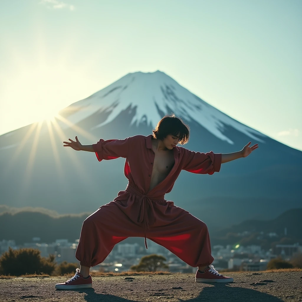 Japanese Bboy dressed in hip hop clothes, performing a breakdance freeze in front of Mount Fuji, with the volcano in sharp focus and the background blurred, creating a cinematic atmosphere. The bboy's pose should convey strength and dynamism, contrasting with the serenity of the mountain. dramatic lighting, with sun rays hitting the bboy and Mount Fuji, Enhancing the Scene. Visual Style: アニメ, cinematographic, realisitic.