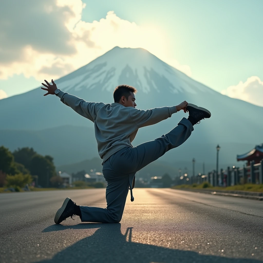 Japanese Bboy dressed in hip hop clothes, performing a breakdance freeze in front of Mount Fuji, with the volcano in sharp focus and the background blurred, creating a cinematic atmosphere. The bboy's pose should convey strength and dynamism, contrasting with the serenity of the mountain. dramatic lighting, with sun rays hitting the bboy and Mount Fuji, Enhancing the Scene. Visual Style: アニメ, cinematographic, realisitic.
