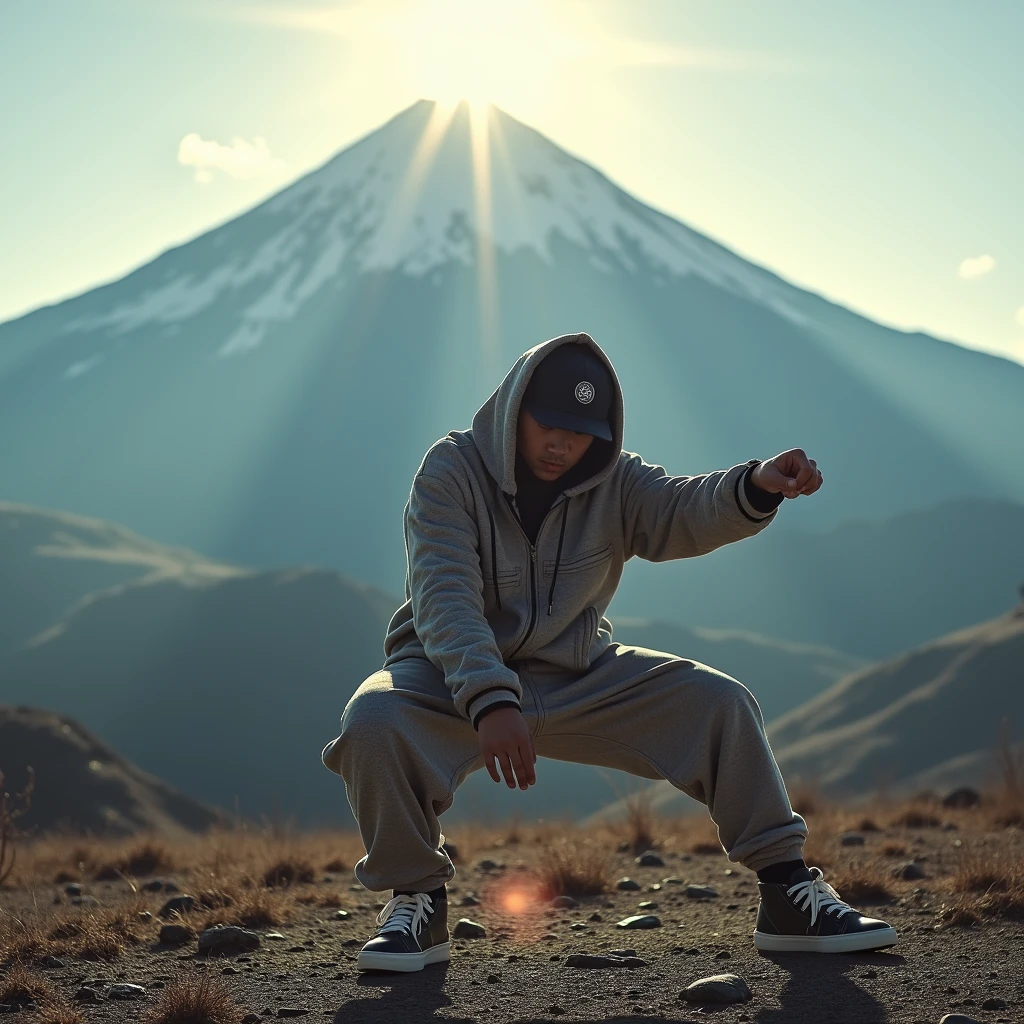Japanese Bboy dressed in hip hop clothes, performing a breakdance freeze in front of Mount Fuji, with the volcano in sharp focus and the background blurred, creating a cinematic atmosphere. The bboy's pose should convey strength and dynamism, contrasting with the serenity of the mountain. dramatic lighting, with sun rays hitting the bboy and Mount Fuji, Enhancing the Scene. Visual Style: アニメ, cinematographic, realisitic.