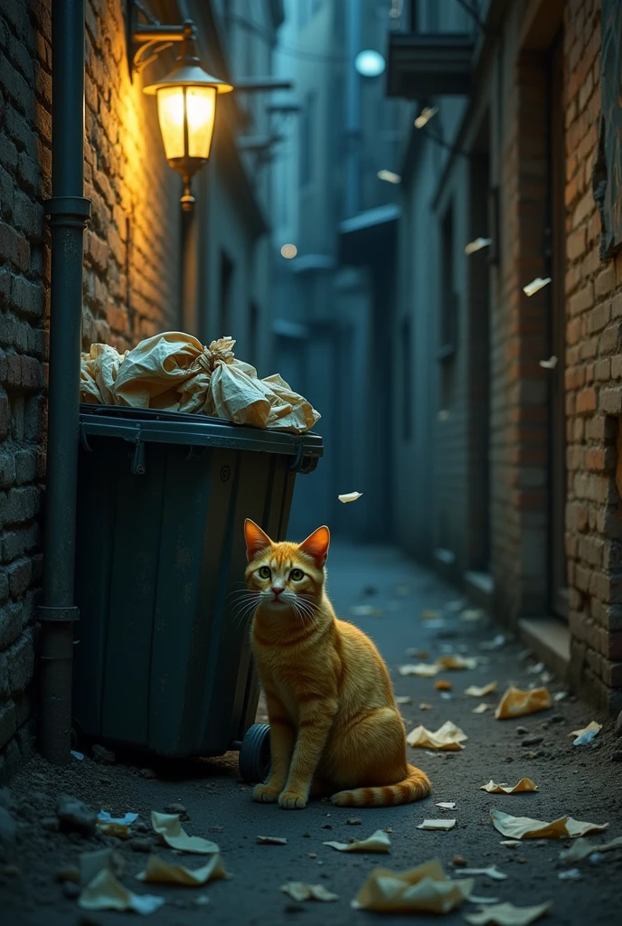 A poor yellow cat crying near a destbin