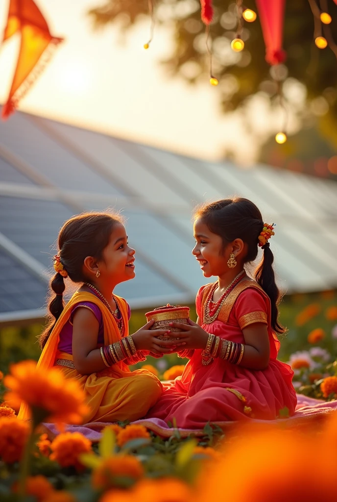 Celebrating raksha bandhan having solar panel in background
