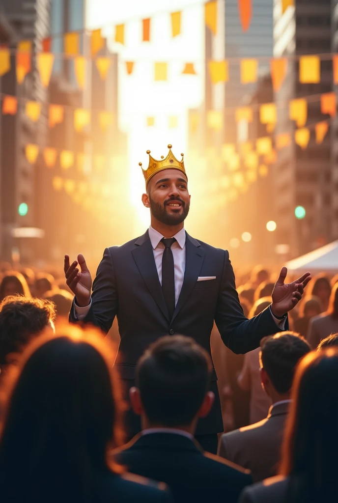 A person doing things he studied in bussines  and with a crown and people persoing him like leader