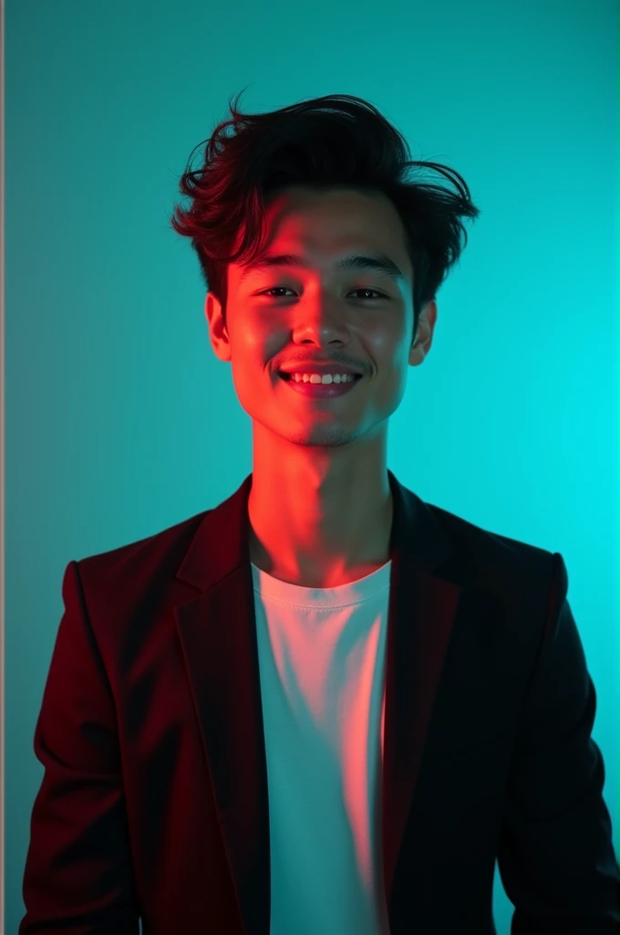 A young man with dark hair and a confident smile.G He is dressed in a black blazer over a white shirt. The man is positioned against aqua colour backdrop with a subtle red lighting on the left side.and he posing for LinkedIn profile