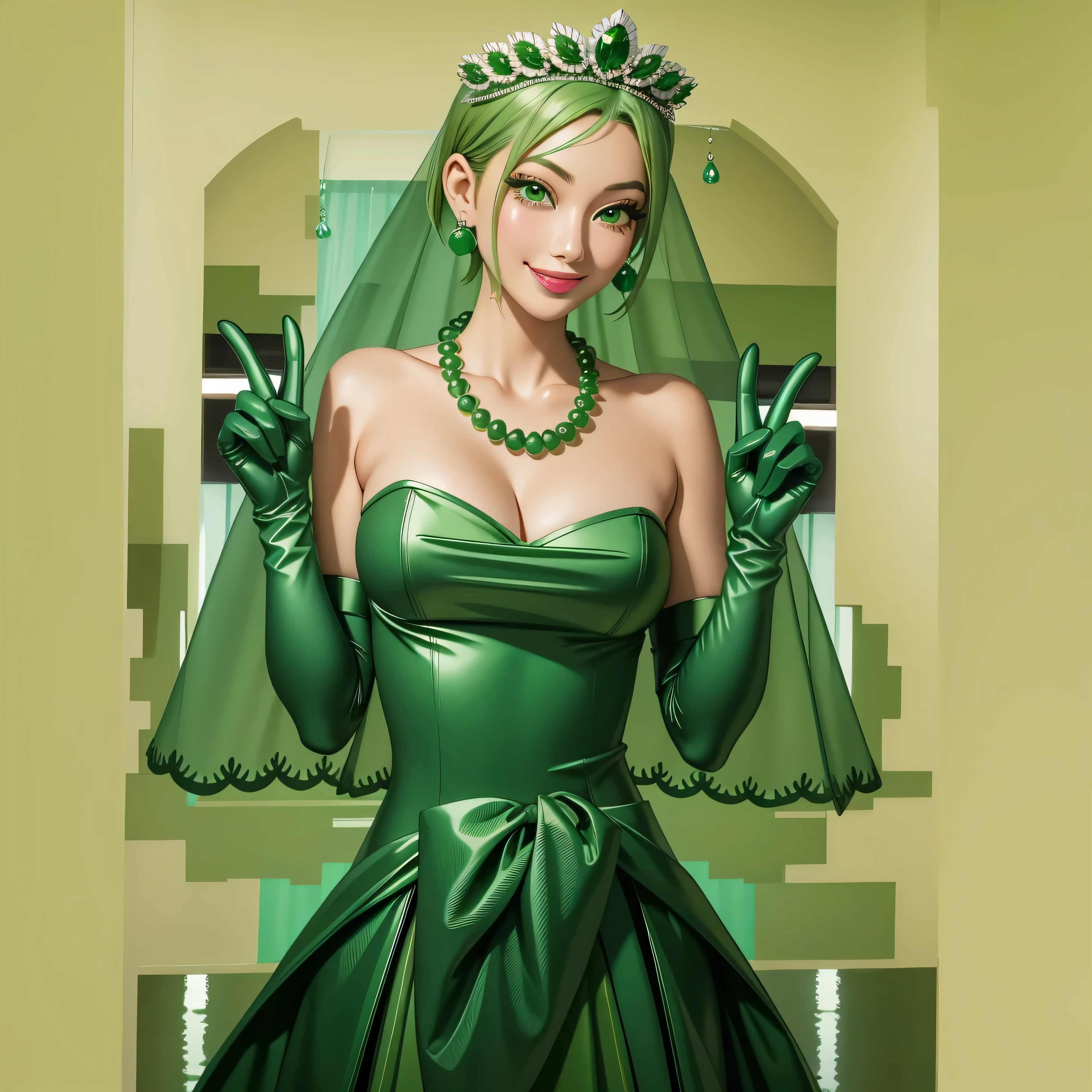 Emerald tiara, Green Pearl Necklace, Boyish very short green hair, Green Lips, Smiling Japanese woman, Very short hair, Busty beautiful lady, Green Eyes, Green satin long gloves, Green Eyes, Emerald Earrings, Green veil, all, Green Hair, Beautiful Japanese Woman, green lip gloss