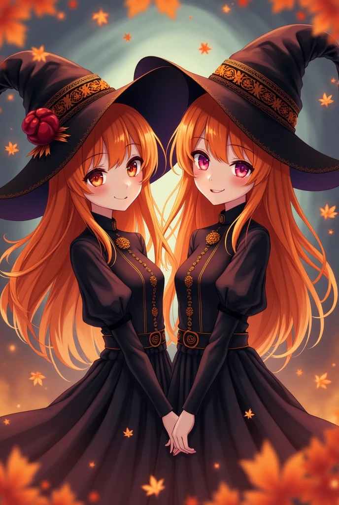 Haloween 2 female friends. Cute, anime, wicthes with orange hair,not smiling and witch hat with a dark orange
And red background