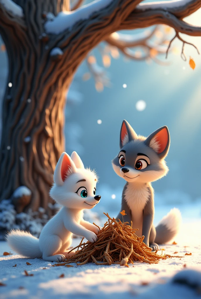 Snowy’s ears perk up as she spots a pile of dry wood under a large tree. The scene shows Snowy pawing at the wood, with Cloud by her side, both of them looking determined to start a fire and warm themselves. 3d animation Disney inspired 