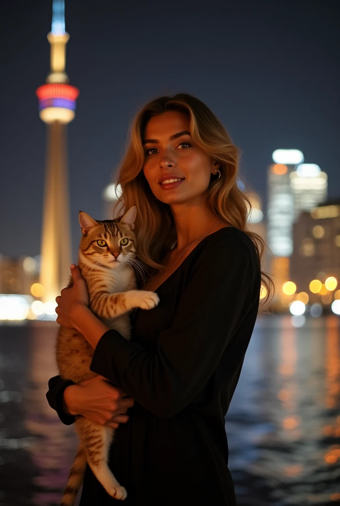 Красивая реалистичная The night of the redhead Model Pose. Arafed Instagram supermodel, redhead model girl with juicy figure and big breasts, pale skin, perfect face, looking hot, victoria secret body,, with my cat, 26 years, woman in stylish black dress, enjoying the night, standing in front of an American city, with a cult landmark, prominently featured in the background, ((with the model, showing a full-length view)), almond eyes, oval face shape, prominent cheekbones, with natural wavy hair ,Height 170 cm., a high resolution, masterpiece, Best quality, complex parts, very detailed, Sharpness, detailed skin texture, perfect eye detail, Profession, 4k resolution, charming smile, Cannon shot, depth of field, Kodak Vision цветной, extremely detailed, ultrarealistic photography, realistic photo, Post-processing, Maximum detail, truth of life, Instagram template, Make sure, that the entire body of the model is displayed.