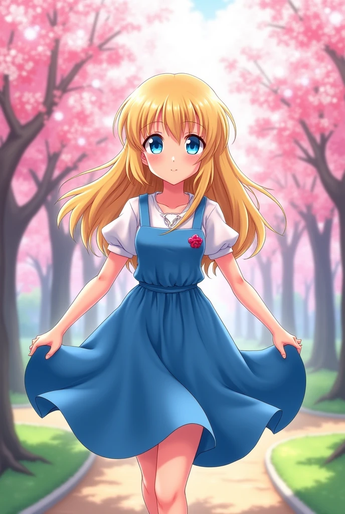 An anime-style ager, blonde with blue eyes. Hair that reaches the shoulders and with bangs. wearing a blue dress.