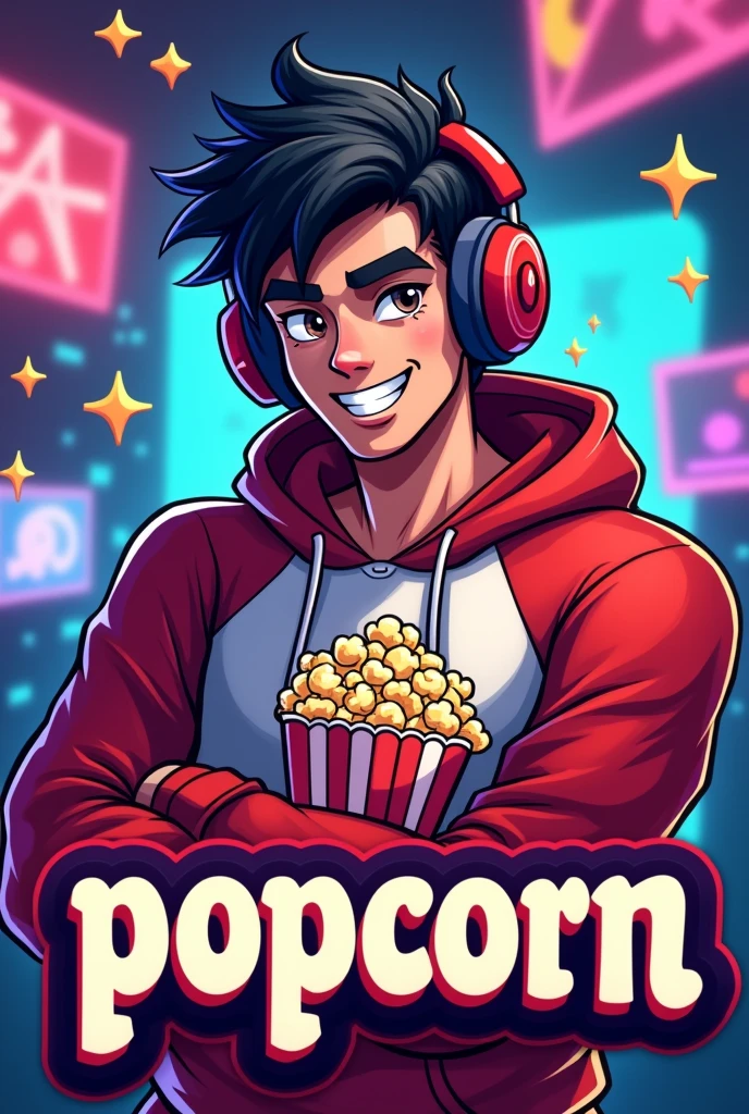 Create a mascot logo where the mascot is a gamer man with black hair and a red and white sweatshirt with a popcorn design and underneath it has the letters of "popcorn"