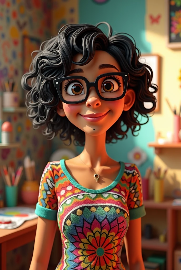 Pixar-inspired 3D poster capturing scene with a 55 year old woman, medium and square black glasses, light brunette, long eyelashes, small and chubby nose, wrinkle between the eyebrows, arched eyebrows, square chin, overweight, chubby, chubby arms , slightly full lips, full breasts, smiling, black hair, very black and full of curls, and short on the sides, hair all curly, full of curls, shaved neck and long bangs on the sides with curls, very long with curls, with a cut asymmetrical pixie in which one side is very short and the left side is longer, long, wide and colorful dress with geometries, atelier with mandalas, a beautiful mole on the upper lip, between the nose and mouth