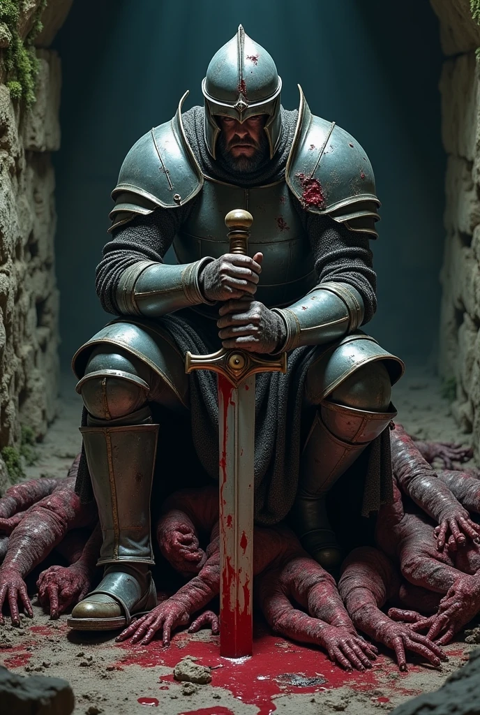 A realistic depiction of a battle-worn human warrior sitting on a pile of defeated monsters' bodies in a dimly lit dungeon. The warrior is clad in incomplete and battered medieval armor, with pieces missing or damaged from the fierce battle. His face is partially obscured by a broken helmet, revealing only one eye filled with exhaustion and resolve. Blood stains his armor and skin, and his weapon rests heavily in his hand, still dripping with the remnants of the fight. The dungeon around him is cold and unforgiving, with stone walls covered in moss, and the floor littered with debris and the grotesque bodies of varied monsters. The lighting is harsh, casting deep shadows across the scene, emphasizing the warrior's solitary and grim victory