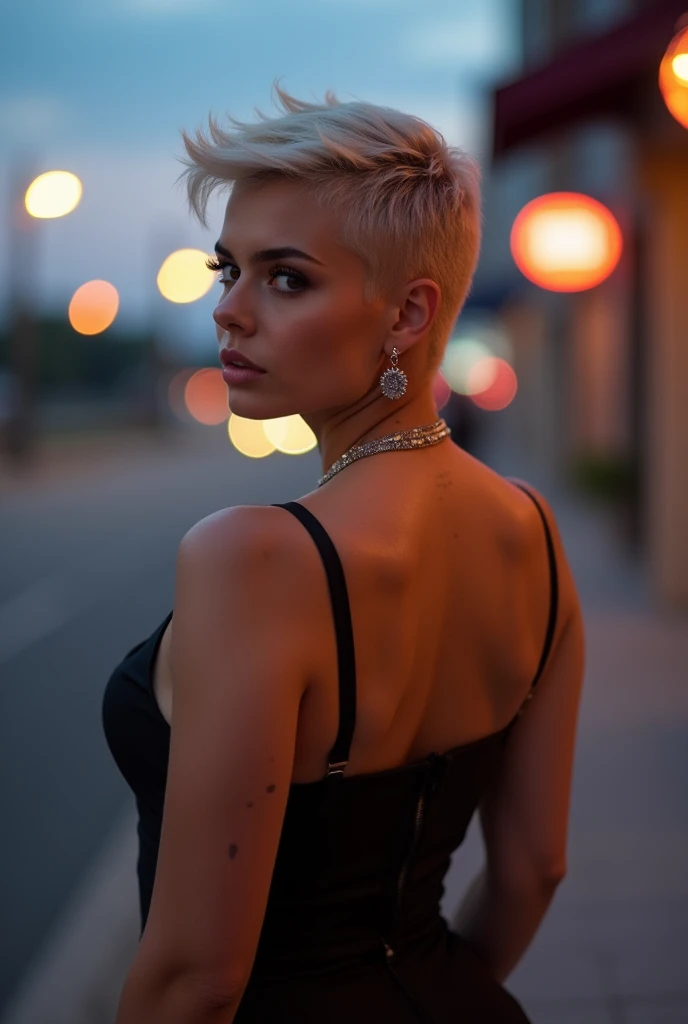 A white adult woman with short hair, big ass and butt, turned back