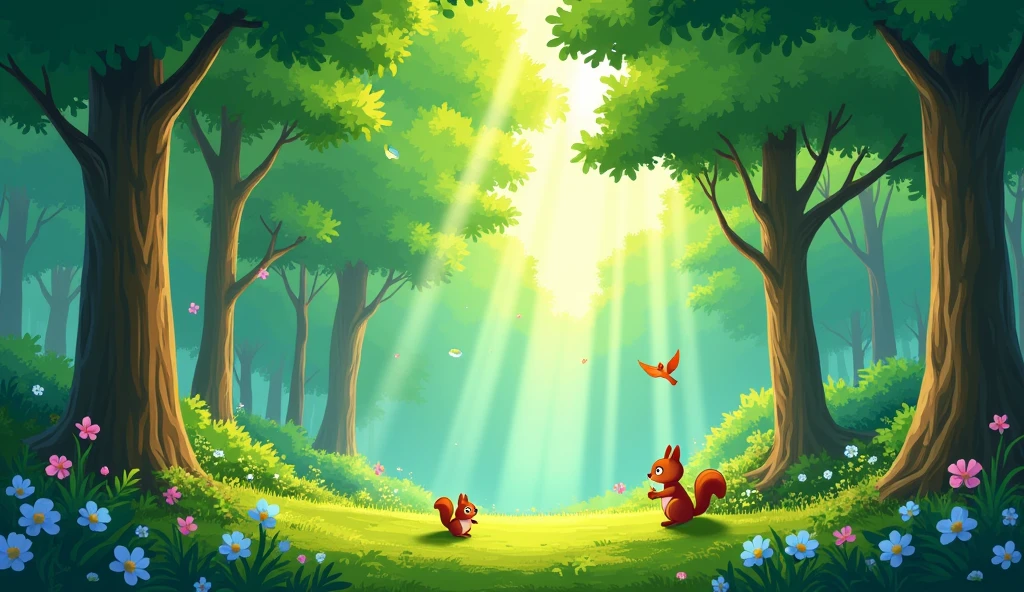 beautiful Forest. cartoon style. light between the trees
