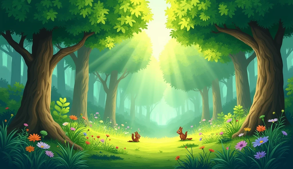 beautiful Forest. cartoon style. light between the trees
