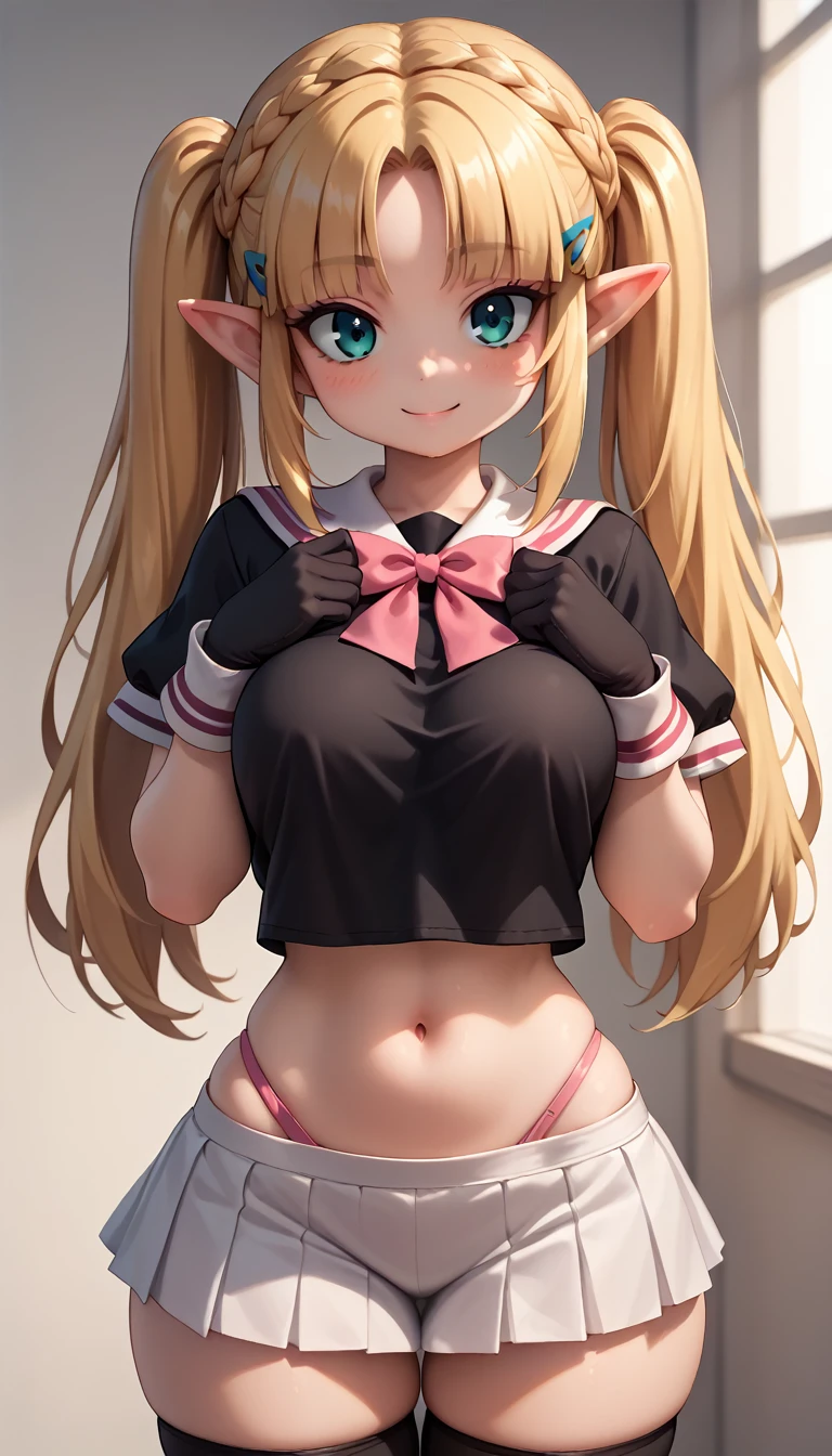 High resolution, Very detailed, perfect lighting, beautiful detailed eyes, ((masterpiece,Best Quality)), absurdities, alone, princess zelda, by the width, crown braid, Hair clip, pointy ears, Gloves without fingers, black gloves, smile, curves, nod, , deep neckline, deep neckline, black school uniform with white details,short white skirt, visible underwear, pink thong, black uniform, black shirt with pink bow, touching her breasts in a sexy way, close up, black fur, close up, pigtails with bangs, pigtails with bangs, touching her breasts in a sexy way, teal eyes, close up, fringe hairstyle, black stockings, pigtails with fringe, deep neckline