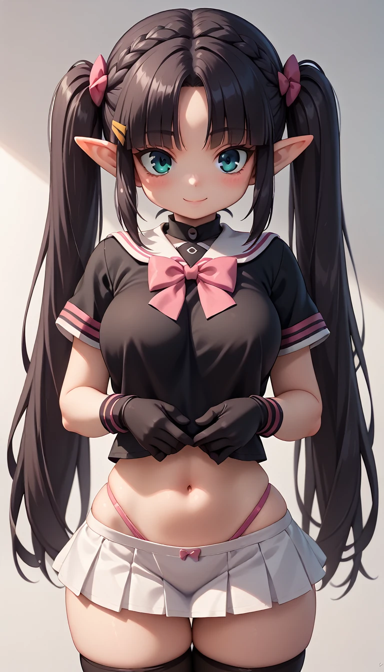 High resolution, Very detailed, perfect lighting, beautiful detailed eyes, ((masterpiece,Best Quality)), absurdities, alone, princess zelda, by the width, crown braid, Hair clip, pointy ears, Gloves without fingers, black gloves, smile, curves, nod, , deep neckline, deep neckline, black school uniform with white details,short white skirt, visible underwear, pink thong, black uniform, black shirt with pink bow, touching her breasts in a sexy way, close up, black fur, close up, pigtails with bangs, pigtails with bangs, touching her breasts in a sexy way, teal eyes, close up, fringe hairstyle, black stockings, pigtails with fringe, deep neckline