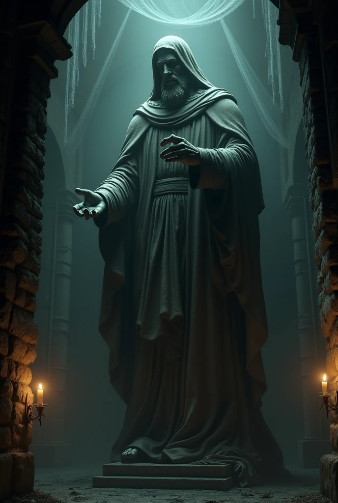 statue of a Renaissance saint, dark atmosphere, horror game