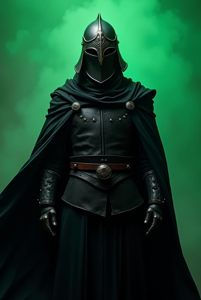 Ertugrul ghazi warrior full body in T-ose from front realastic with helmet that cover his whole face and black clothing and cape also no weapon in hand or anywhere else with constant green bg 