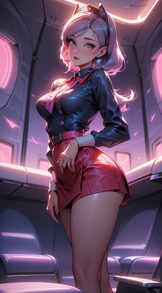 posterior view, Back picture,Ariana Grande stewardess wears short blue stewardess skirt, Flight attendant costumeoeing aircraft interior ) ((perfect female shape)),More detailed 8K.unreal-engine:1.4,hyper HD,Best quality:1.4, フォトリアリスティック:1.4, skin texture:1.4, tmasterpiece:1.8,tmasterpiece, Best quality at best,Object object], (detailedfacialfeatures:1.3),((the right proportions)),(Convex camel toe),(Beautiful eyes azulelue lingerie stewardess ),(Stewardess red skirt:1.4) ), (Stewardess:1.4),( Realistic lighting from the 1950s:1.4), Realistic background, Black fishnet jumpsuit,(beautiful russian stewardess:1.2), (Inside the aircraft:1.4),(Neon pink background )