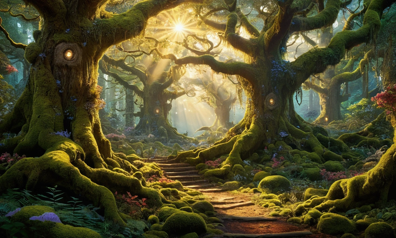 Enchanted Forest at Dawn:
A magical forest at dawn, with giant trees covered in glowing moss, luminescent flowers and mystical creatures flying among the rays of golden light that pierce the trees. The scene is saturated with vivid colors and hyper-realistic details.
