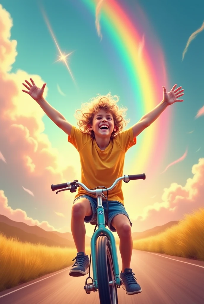 Seven year old boy riding bicycle happily facing back in rainbow world with motion blur effect