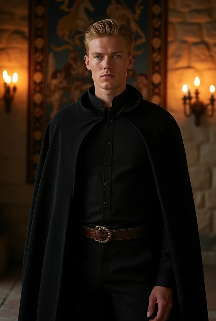 31 year old blond man in black medieval clothes and a big nose, tidy hair and serious expression on his face