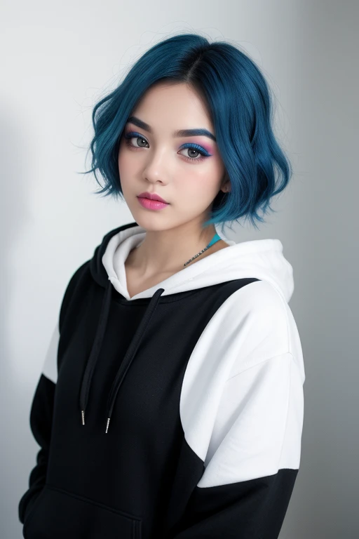 Girl with thin eyebrows and colorful make up. With short blue hair, wearing a black hoodie. In a white room.
