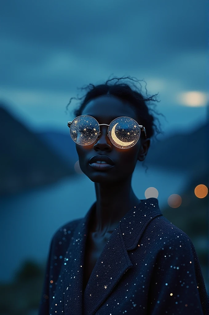The model is wearing glass sunglasses with stars and the moon on the glass