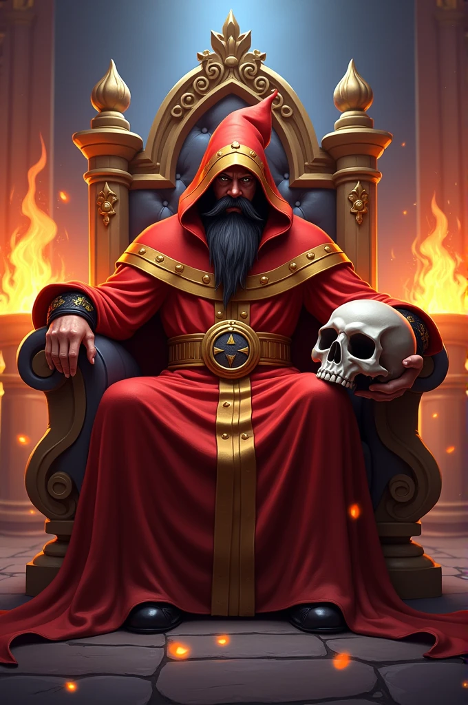 Draw the Fire Wizard from Clash Royale sitting on a throne with a skull in his hand in the Clash Royale drawing style, also with his red and gold hood and a black goatee.