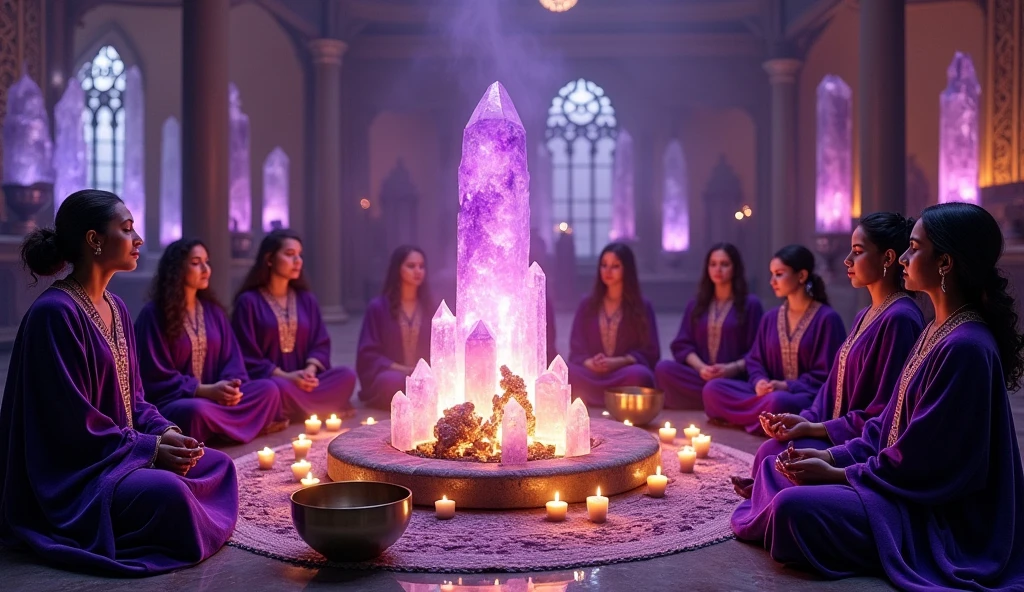 a dozen white, black, Indian women with exquisite violet velvet cloaks with golden threads of priestesses, seated around a fireplace with violet fire, in a large room, convey depth, many tall crystals, Tibetan singing bowls, burning candles and smudge herbs