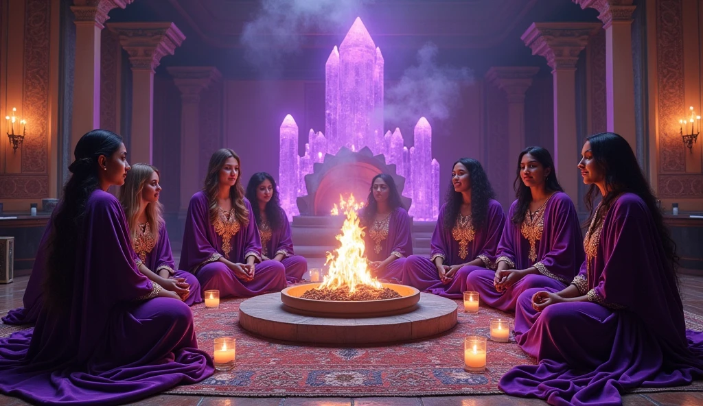 a dozen white, black, Indian women with exquisite violet velvet cloaks with golden threads of priestesses, seated around a fireplace with violet fire, in a large room, convey depth, many tall crystals, Tibetan singing bowls, burning candles and smudge herbs