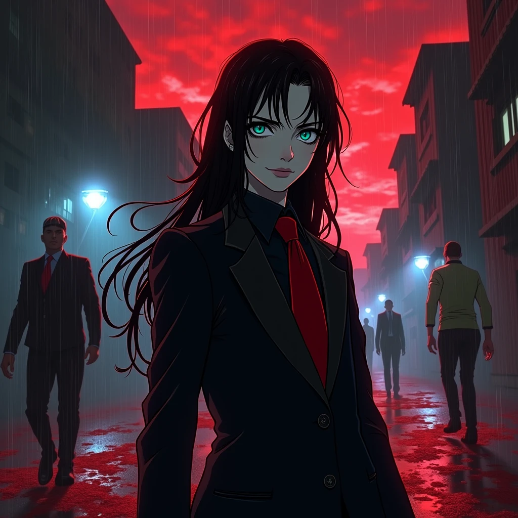 A young sexy male with delicate facial features, long black hair, teal blue eyes, long eyelashes, and gothic black and red clothes. He's a long-wanted serial killer. ((((scary)))) Blood. malicious, insane expression. No facial or body hair. Anime. ((((((((Male, boy)))))))) (Horror) BITCH, MAKE IT MALE. Cops are trying to catch after him. Running. Raining. Vampire. Dark. Red highlights. Red sky. Mysterious. Midnight. Cartoon. Polices running after him. Smirking. Bloody. Red highlights. Red. Blood pouring down. Police cars. Guns.