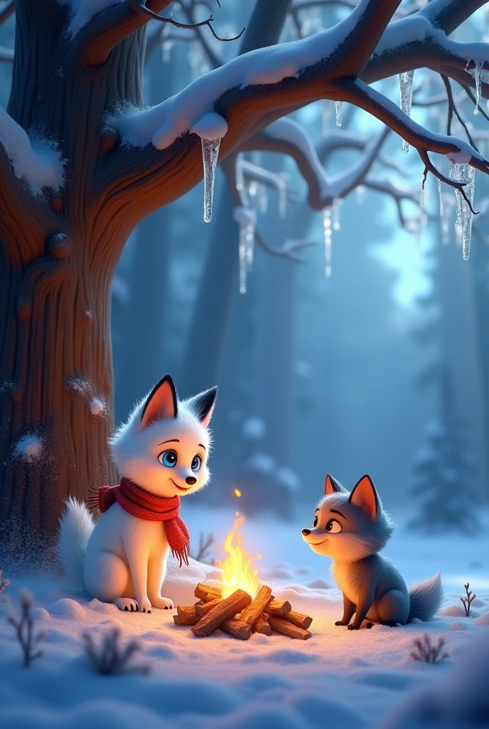 Snowy’s ears perk up as she spots a pile of dry wood under a large tree. The scene shows Snowy pawing at the wood, with Cloud by her side, both of them looking determined to start a fire and warm themselves. 3d animation Disney inspired