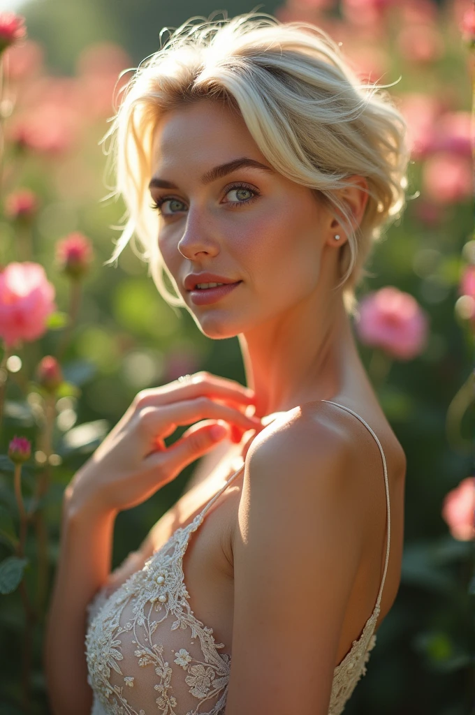 ((solo, 1woman, (light blue eyes, blonde hair, short hair), lipstick, Extremely detailed, ambient soft lighting, 4k, perfect eyes, a perfect face, perfect lighting, a 1girl)), ((solo, (1woman, lipstick), full body view, Extremely detailed, ambient soft lighting, 4k, sensual pose, perfect eyes, a perfect face, perfect lighting, a 1girl)), , ((shapely body, perfect body, toned body)), ((naked, garden, flowers))