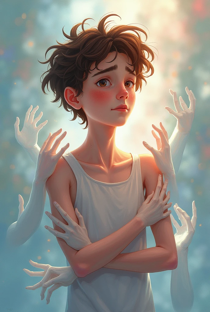 Generate an animated style image of a 16-year-old boy, delgado, with scars and bruises, Brown hair, tall and pale with many hands hugging him all over his body