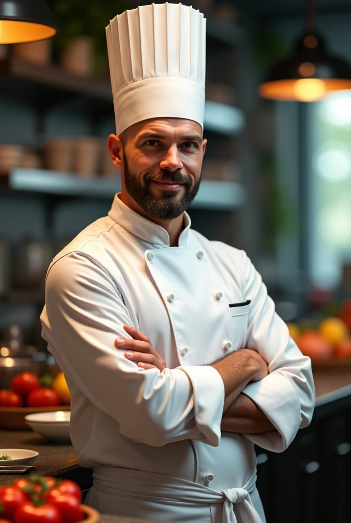 a handsome chef, extremely detailed face and eyes, delicate facial features, professional chef uniform, chef hat, apron, pointing right hand toward left in a kitchen, advanced 3d render, cinematic lighting, depth of field, vibrant colors, photorealistic, 8k, masterpiece