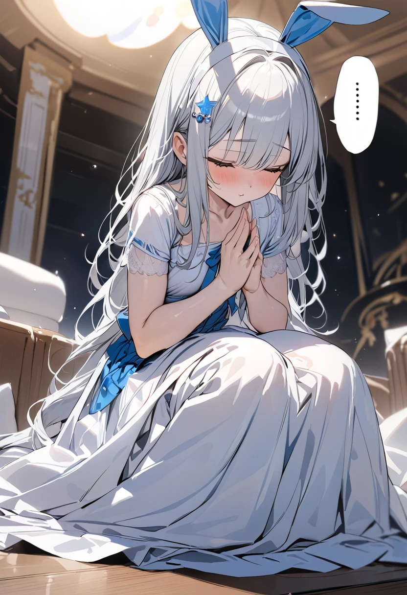 ((Anatomically correct, Super Detail, masterpiece, Highest quality, 8k, The whole body is projected)) , One Woman,Bunny ears:1.5, Flowing white hair, Long Hair, Crescent moon hair ornament, Small breasts, Wear a dress, skirt, フレアskirt, Close your eyes and pray, Look down, Fingers crossed, ((Sit on your knees)), lower one&#39;s head, Water Temple, Artistic stone pillars, Beautiful flow of water, Ethereal Anime, Beautiful anime art, Beautiful digital art, Anime fantasy artwork