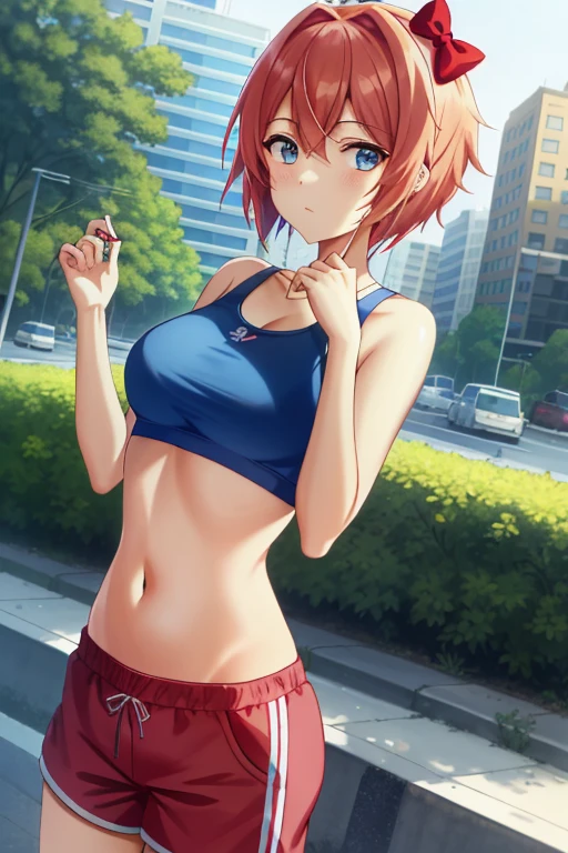 2d, masterpiece, best quality, anime, highly detailed, 1girl, solo, sayori, blue eyes, pink hair, short hair, hair bow, red bow, pink sports bra, red jogging shorts, cowboy shot, looking at viewer, street city background