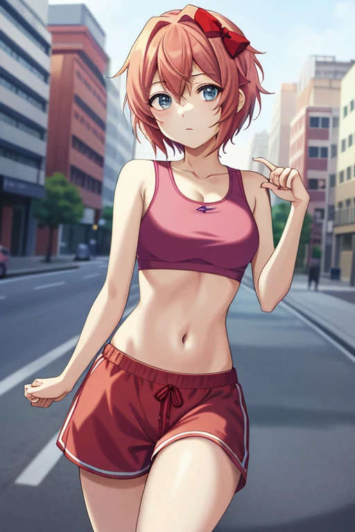 2d, masterpiece, best quality, anime, highly detailed, 1girl, solo, sayori, blue eyes, pink hair, short hair, hair bow, red bow, pink sports bra, red jogging shorts, cowboy shot, looking at viewer, street city background
